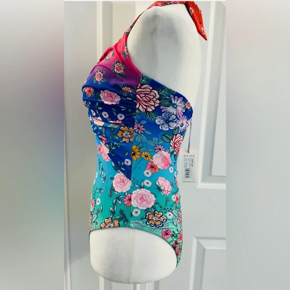 NWT! JOHNNY WAS‎ RAINBOW TWISTKEYHOLE ONE PIECE V Neck Ties at Neck Size XS